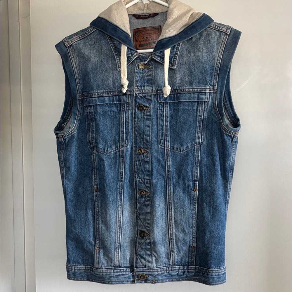 Zara Mens Denim Hooded Vest / Sleeveless Denim Jacket with Hood